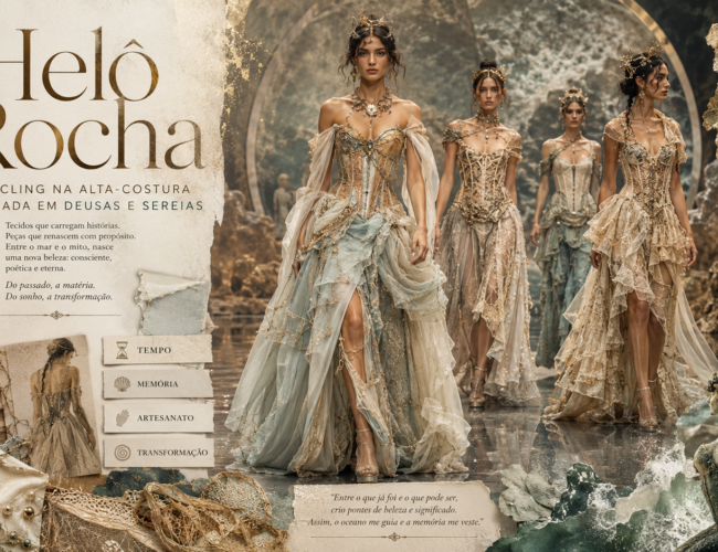 Elisabete Bohemio Baccelli analisa como Helô Rocha leva upcycling à alta-costura em coleção inspirada por deusas, sereias e memória